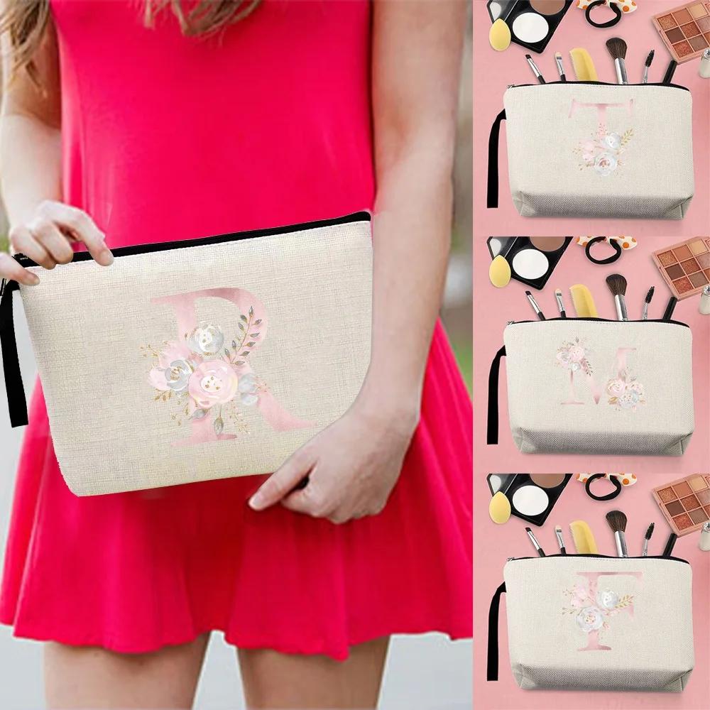 Make Up Bag Women Travel Cosmetic Bags Girl Toiletries Organizer Wash Storage Case Zipper Purse Pink Flower Lettern 